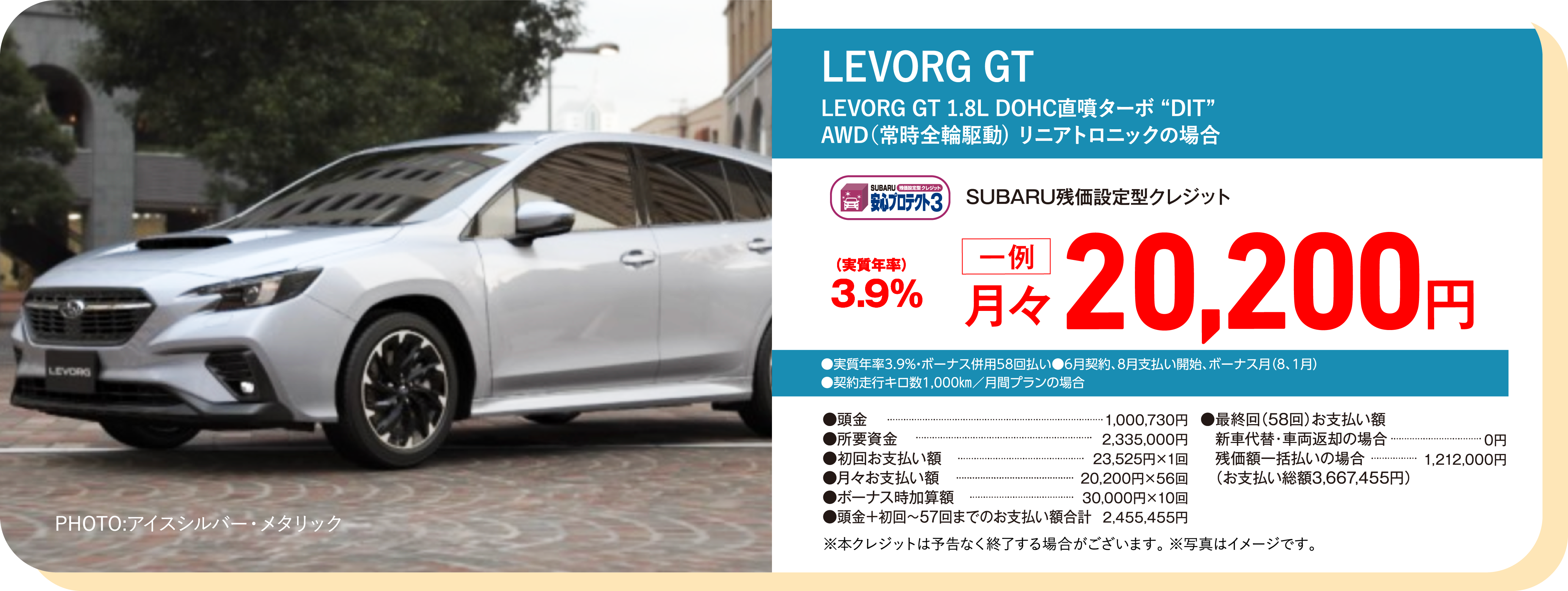 LEVORG GT 1.8L DOHC直噴ターボ “DIT”AWD（常時全輪駆動) リニアトロニックの場合