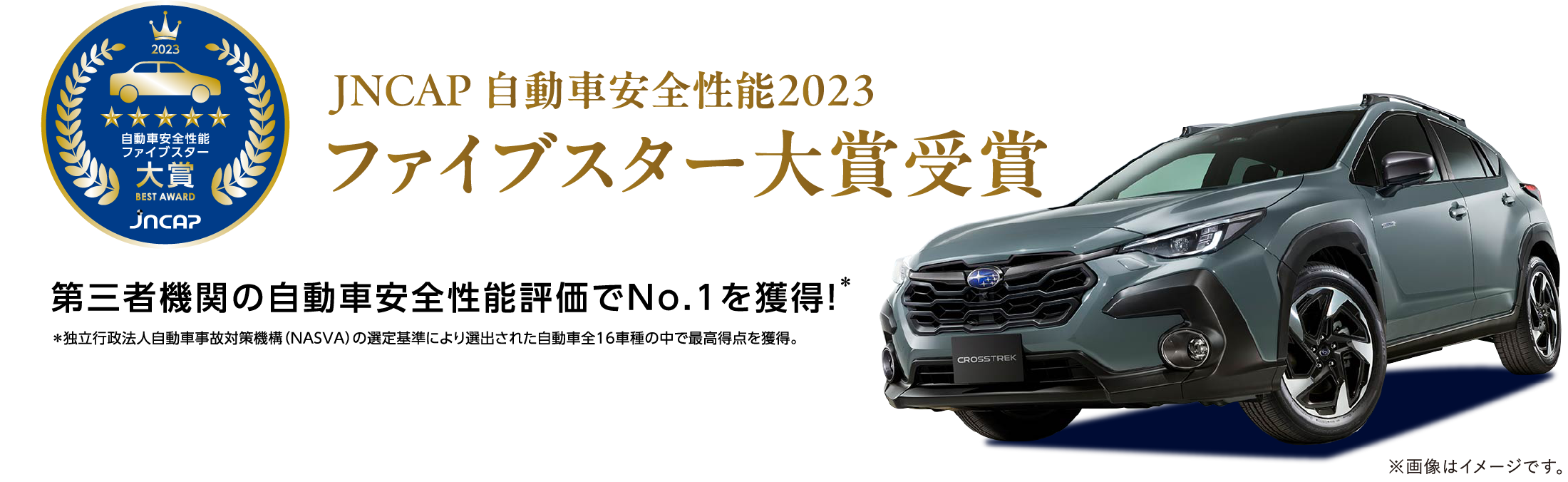 JNCAP 自動車安全性能2023 第三者機関の自動車安全性能評価でNo.1を獲得！※独立行政法人自動車事故対策機構（NASVA）の選定基準により選出された自動車全16車種の中で最高得点を獲得。