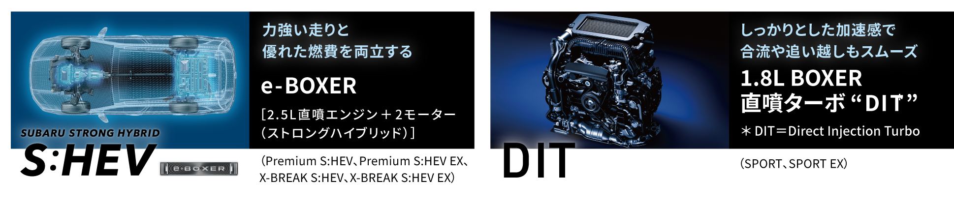 力強い走りと優れた燃費を両立するe-BOXER。しっかりとした加速感で合流や追い越しもスムーズ1.8L BOXER直噴ターボ “DIT”