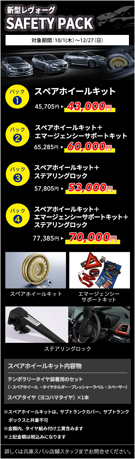 新型レヴォーグ SAFETY PACK 対象期間:10/1(木)~12/27(日)パック1 スペアホイールキット 45,705円→43,000円 パック2 スペアホイールキット+エマージェンシーサポートキット 65,285円→60,000円 パック3 スペアホイールキット+ステアリングロック 57,805円→53,000円 パック4 スペアホイールキット+エマージェンシーサポートキット+ステアリングロック 77,385円→70,000円 スペアホイールキット内容物 テンポラリータイヤ装着用のセット(・スペアホイール・タイヤホルダー・プレッシャーラベル・スペーサー)スペアタイヤ(ヨコハマタイヤ)×1本 ※スペアホイールキットは、サブトランクカバー、サブトランクボックスと共着不可 ※金額内、タイヤ組み付け工賃含みます ※上記金額は税込みになります 詳しくは兵庫スバル店舗スタッフまでお問合せください。