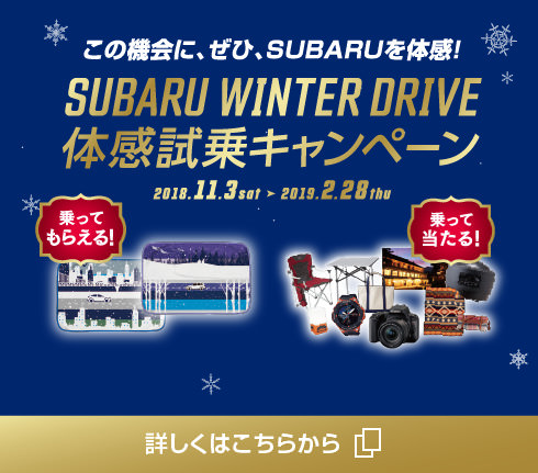 この機会に、ぜひ、SUBARUを体感！ SUBARU WINTER DRIVE 体感試乗キャンペーン 2018年11月3日（土）〜2019年2月28日（木）乗ってもらえる！乗って当たる！詳しくはこちらから